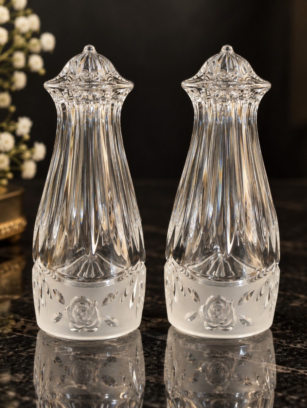 Vintage Oneida Crystal Southern Garden Salt Pepper Shakers Germany Rose Set